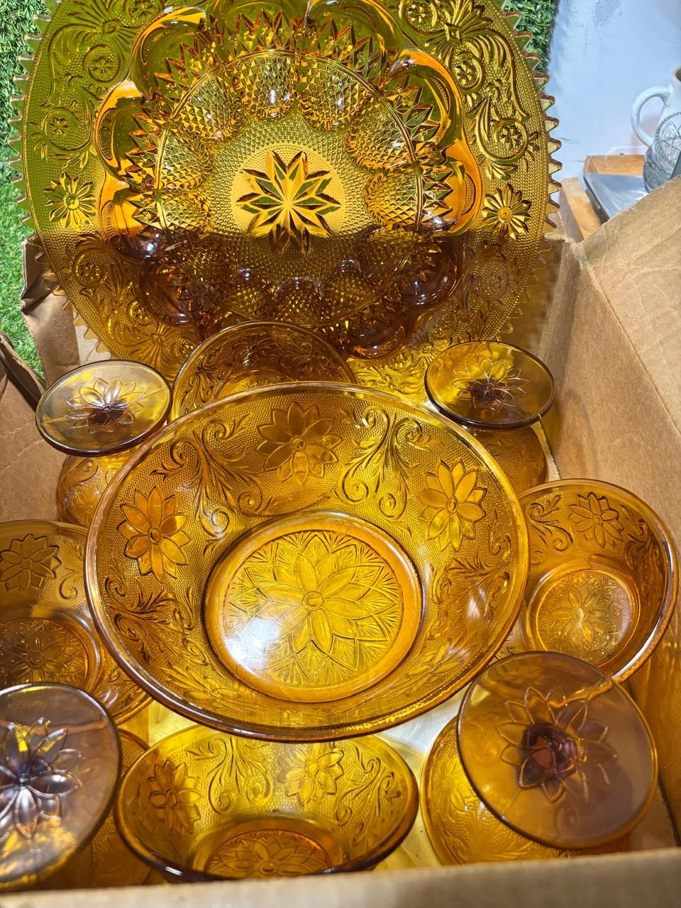 Tiara Exclusives Amber Indiana Glass Sandwich Pattern Serving Set