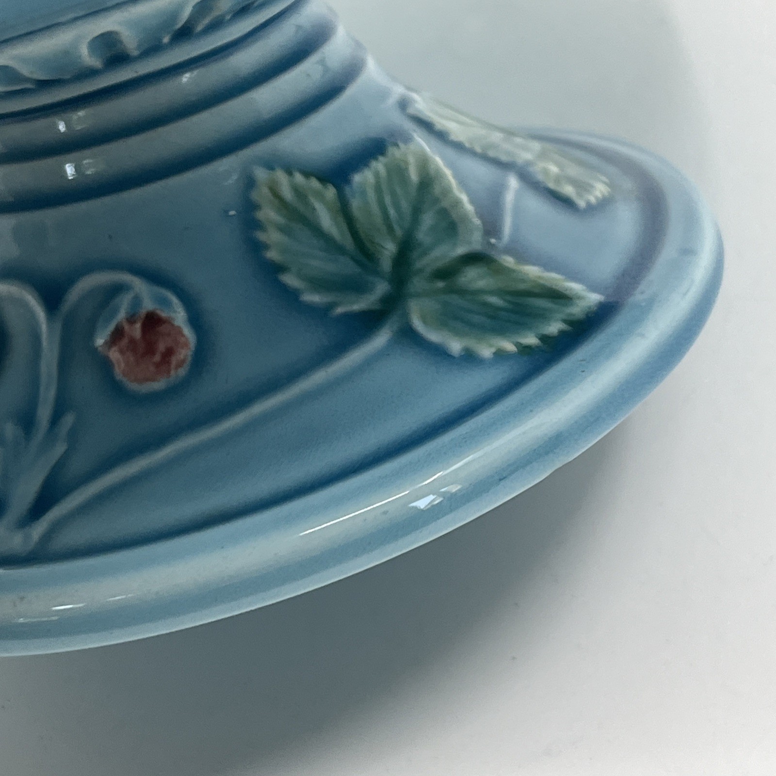 Vintage Zell Majolica Strawberry Pattern 9.25” Pedestal Plate Stand Blue Green