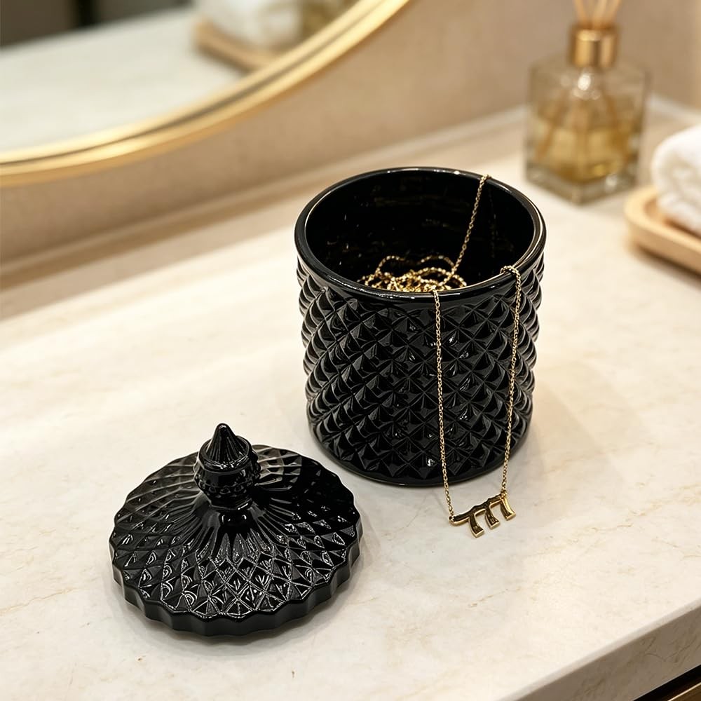 10 oz Black Glass Candy Dish with Lid-Decorative Display Jar for Q-Tip Holder…