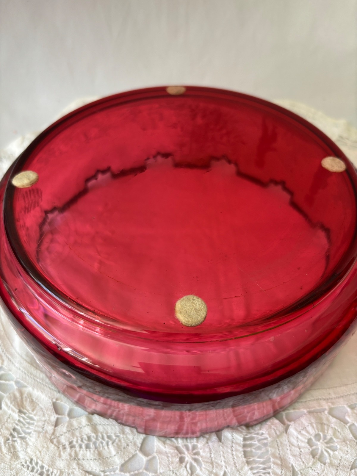 VTG Bohemian Ruby Red Bowl Ruby Flash Cut To Frosted Flower and Children Motif