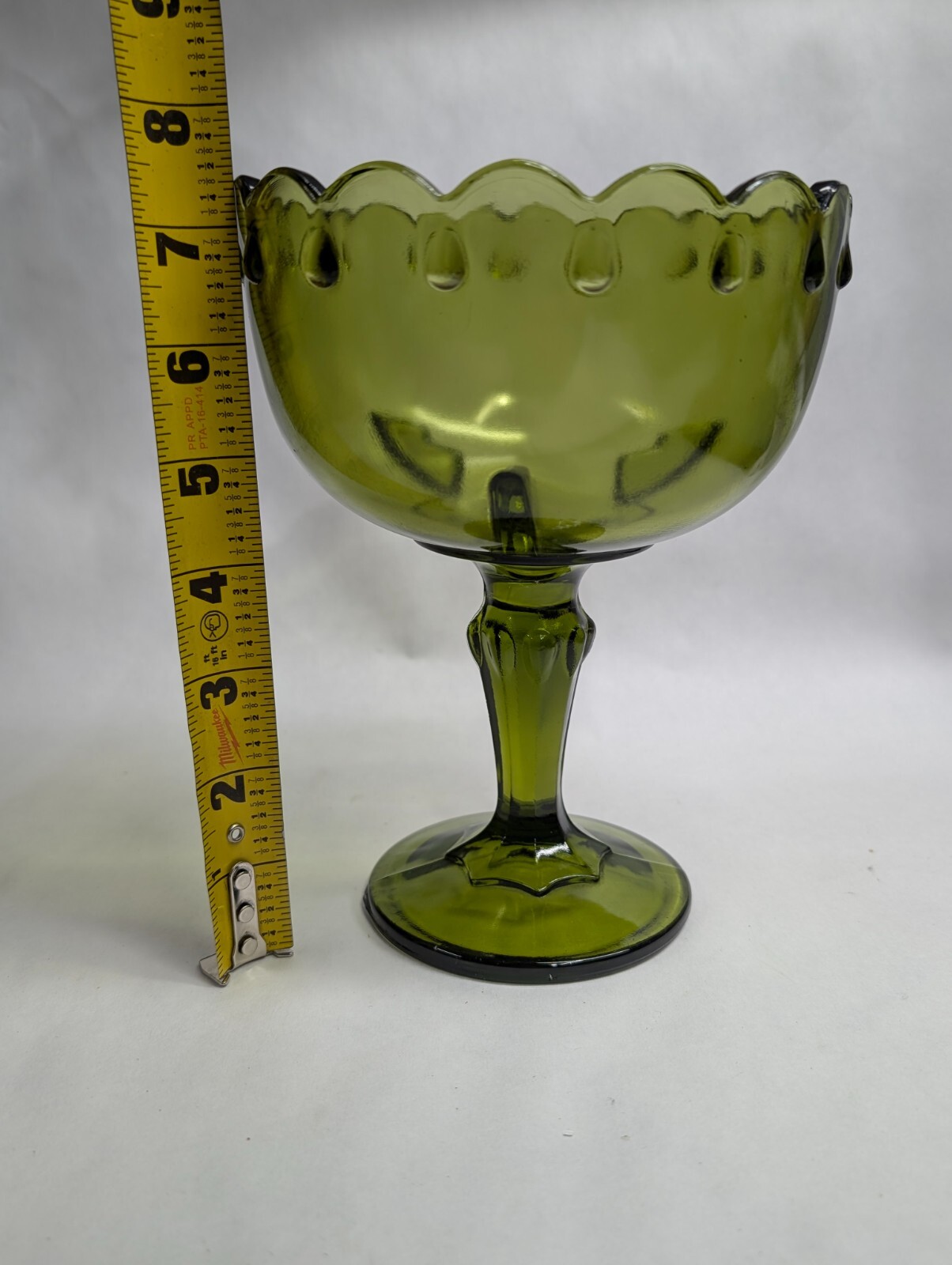Vintage Indiana Glass Scalloped Olive Green Tear Drop Pedestal Compote Dish 7.5″