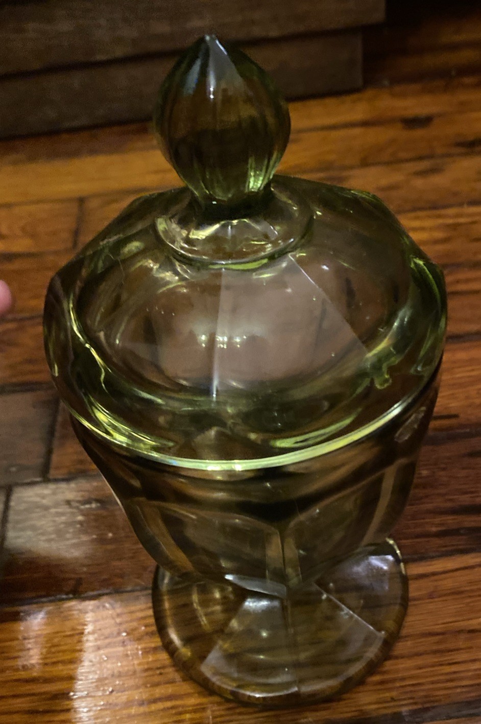 VTG Mcm Fostoria Green Lidded Compote Candy Dish 8″ T 4″ D