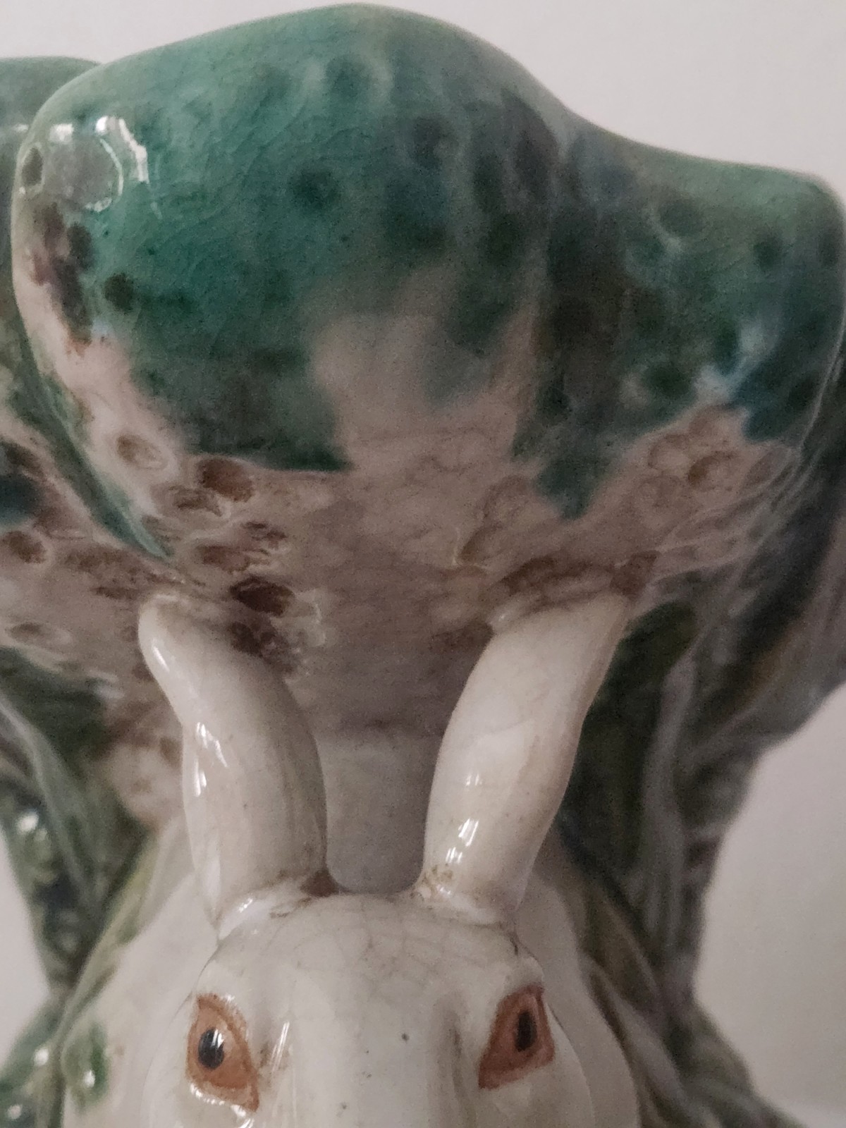 Vtg Majolica Double Rabbit Pedestal Compote Fruit Bowl Centerpiece Easter VGC