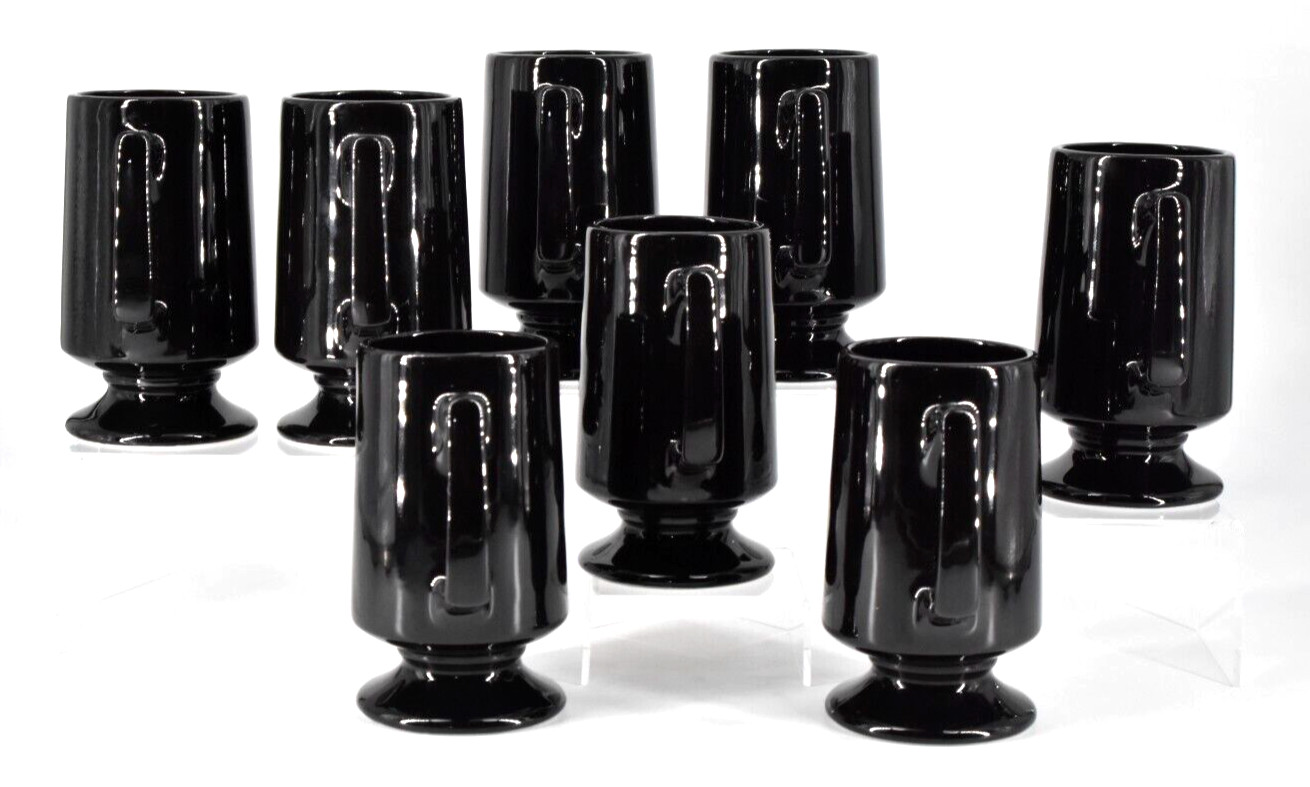Set of 8 VTG Hall Pottery Black Ceramic Footed Pedestal Irish Coffee Mugs #1873