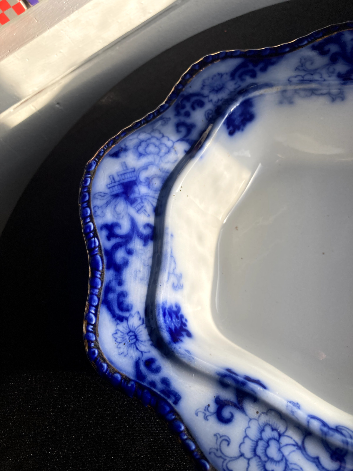 Antique Royal Doulton Flow Blue Oval Covered Vegetable Nankin Porcelain England