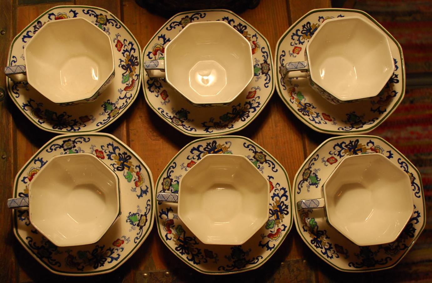 Antique Set 6 Cups & Saucers ‘NANKIN’ ROYAL DOULTON England GREEN TRIM Octagon