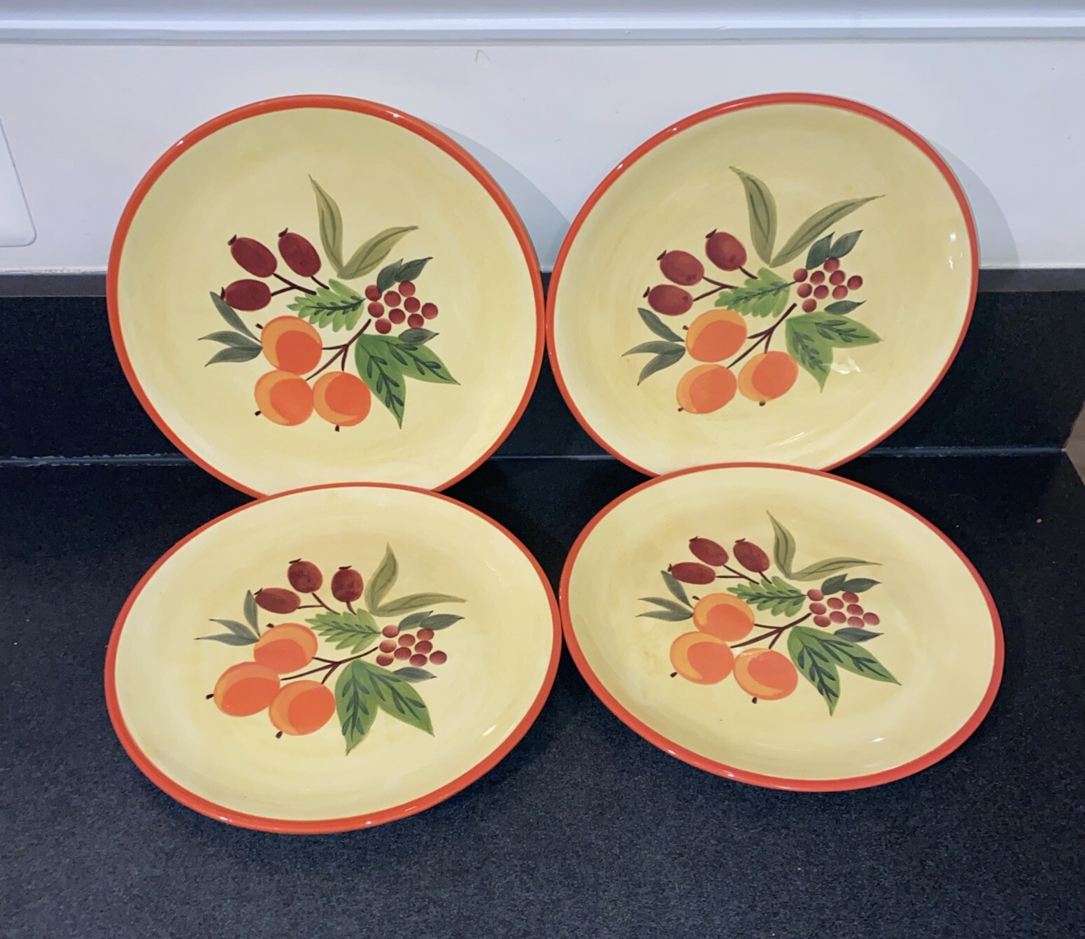 4 Salad Plates 8 in. Crate & Barrell Pomegranate Wreath Holiday