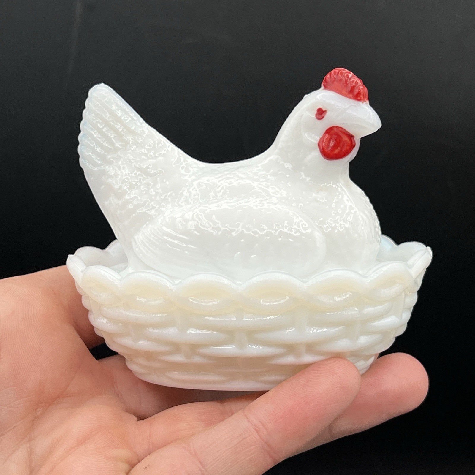VTG Westmoreland Hen on Nest Covered Dish White Red Milk Glass Set Of 2