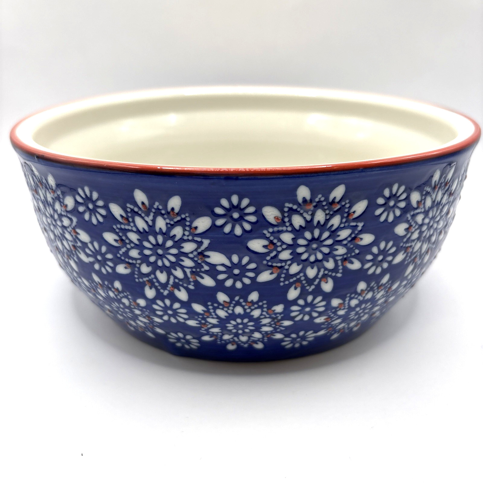 VTG Yokohama Studio Blue White Red Floral Hand Painted Ceramic Bowl 7″ x 3″