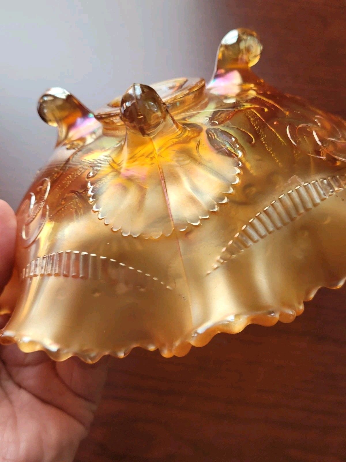Super Pretty Marigold Northwood Carnival Glass Wishbone Bowl Ruffles n Rings EX.