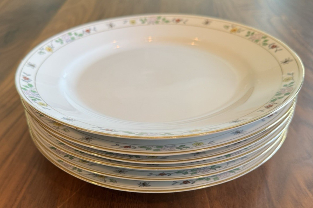 Noritake N1611 Field Japan (6) Dinner Plates Flowers Bees Rare Gold Hand Painted