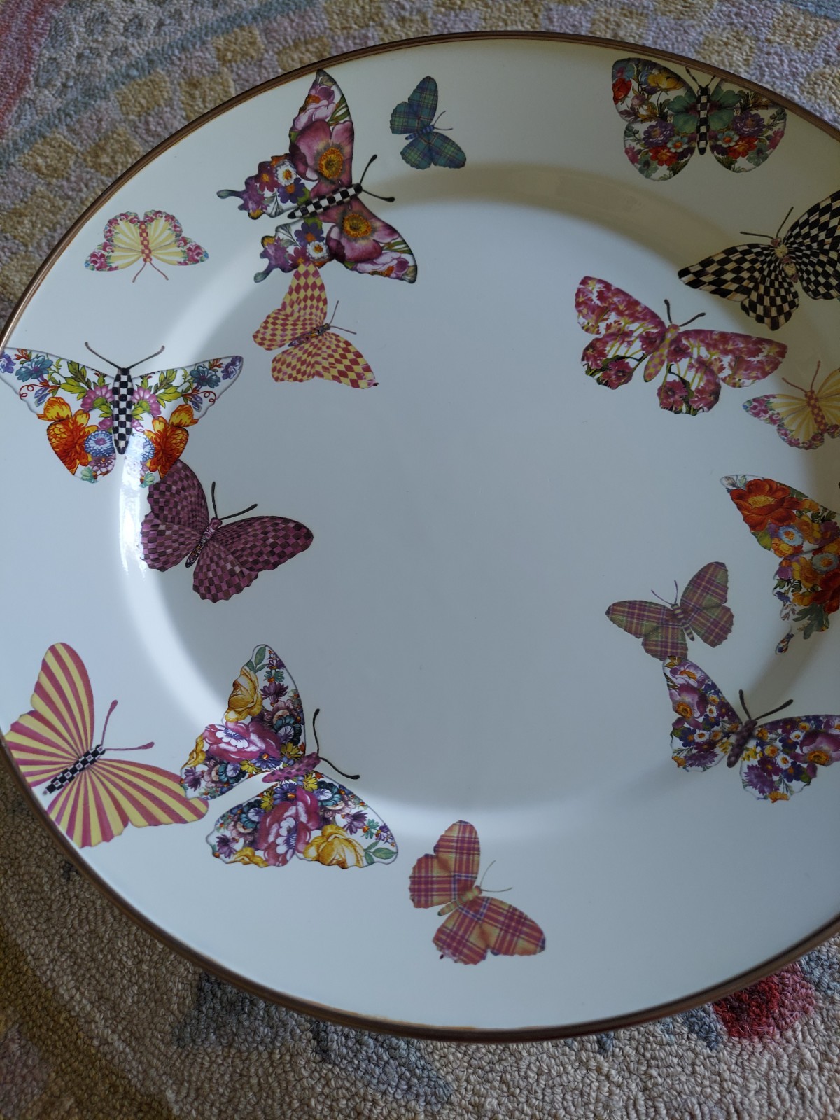 Mackenzie-Childs Butterfly Garden Pedestal Platter With Courtly Check