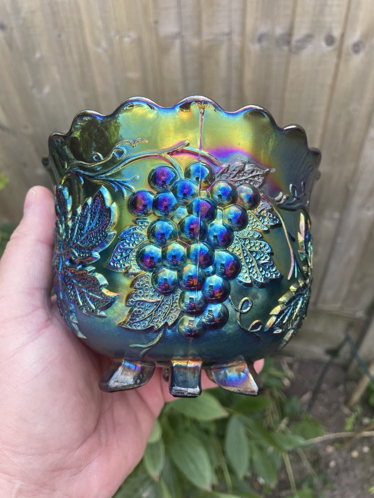 CARNIVAL GLASS ~ ELECTRIC DUGAN GRAPE DELIGHT FLARED NUT BOWL ~