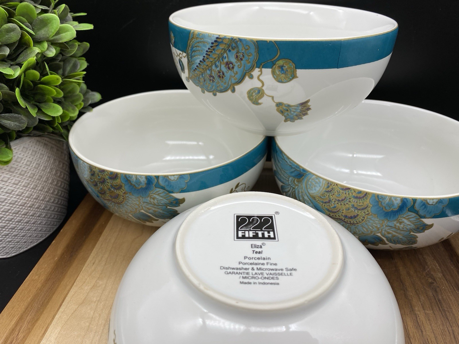 222 FIFTH Eliza Teal FINE PORCELAIN 5.50″ x 3″ Soup Bowls (SET OF 4) NEW