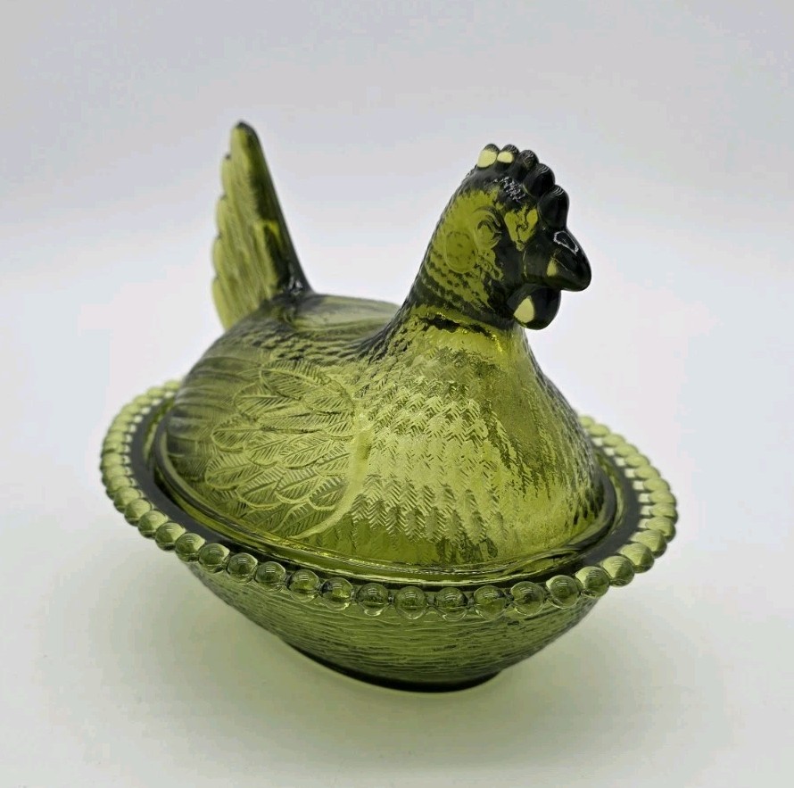 Vintage Indiana Green Glass Hen On Nest Covered Candy Dish 7″ Farmhouse Chicken