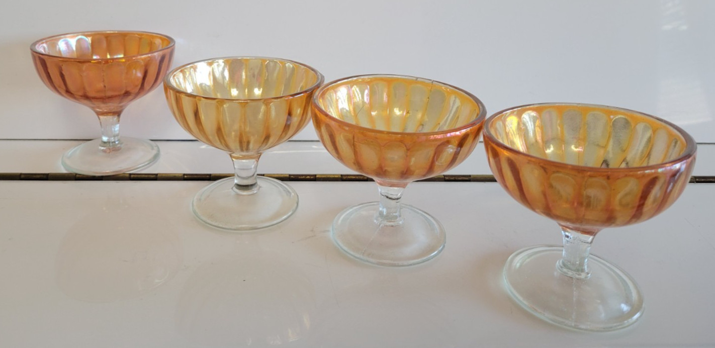 4 PEACH OPASLESCENT CARNIVAL GLASS SHERBETS DESSERT BOWLS 3.25 INCH HOLDS 4 OZS