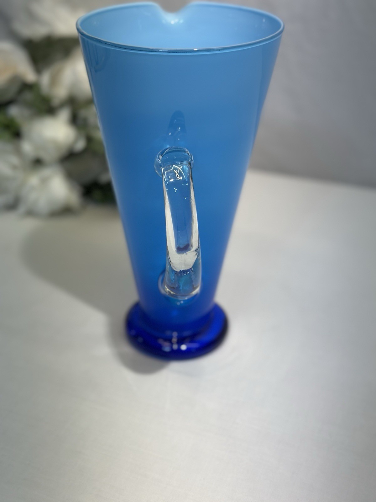 Vintage Gorgeous Italian Pitcher Blown Art Glass Ombré Blue Clear Handle 9.25”