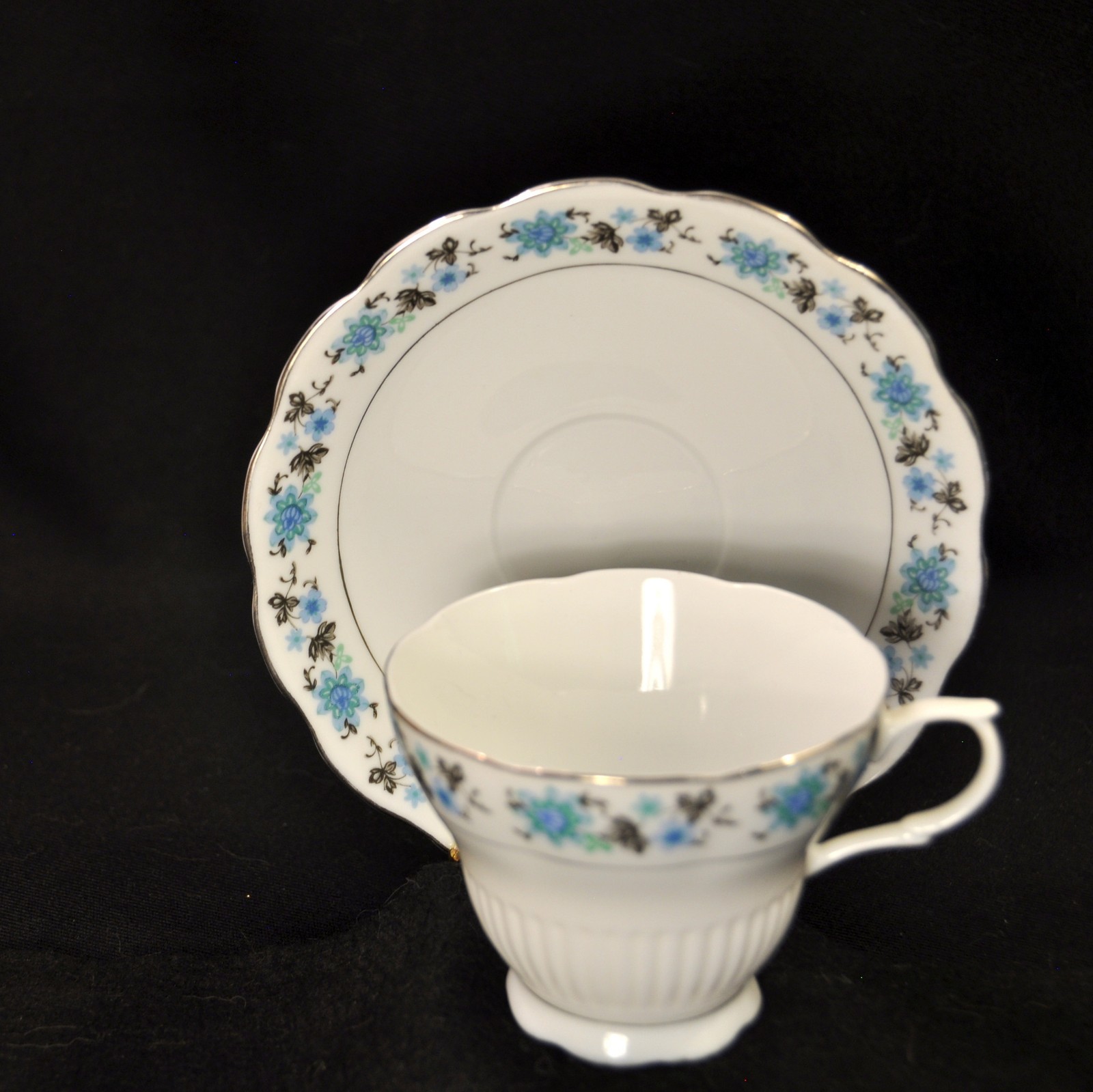 Cup & Saucer Floral w/Platinum on White Blue Black Scalloped Made in China