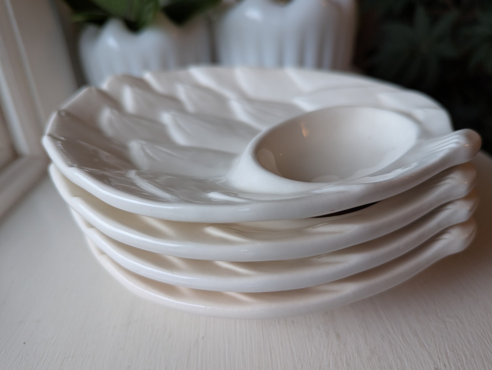 Set of 4 White Artichoke Shaped Appetizer Divided Plate Dish Vintage Japan