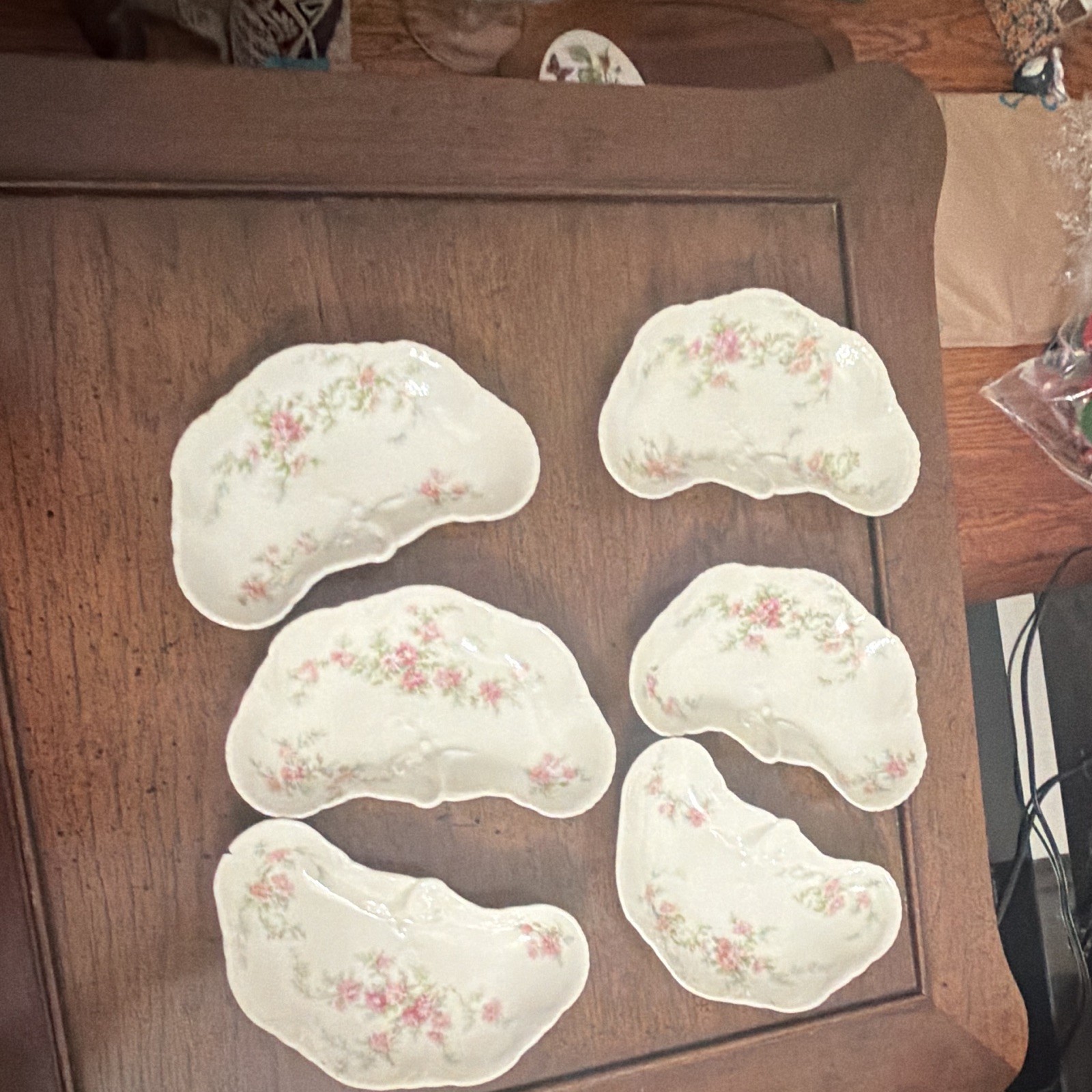 Set of 5 Crescent Porcelain Dishes White Pink Green Floral Glossy Printed