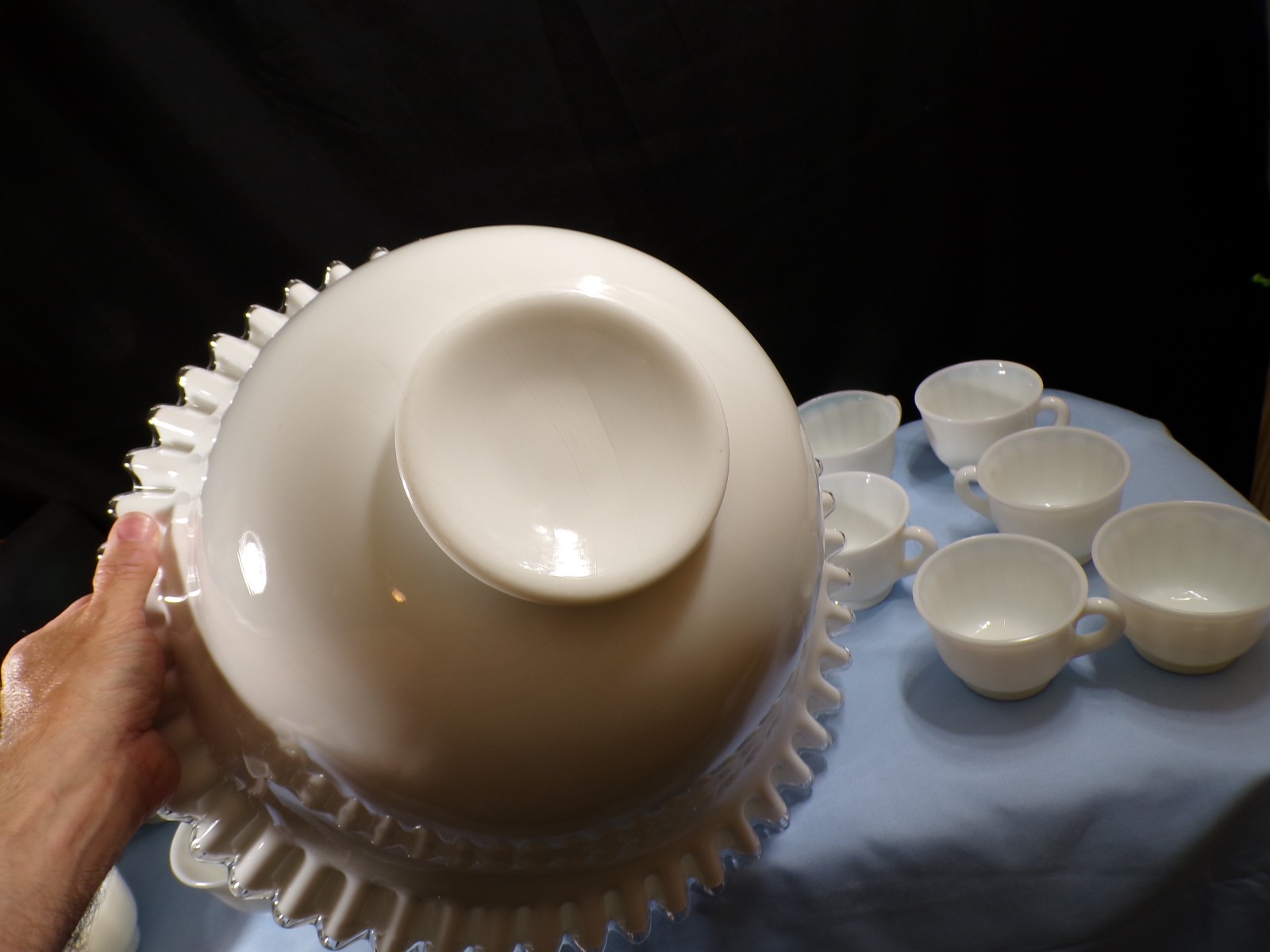 Very Large Fenton Milk Glass Silver Crest Punch Bowl Set w/ Stand & 12 Cups