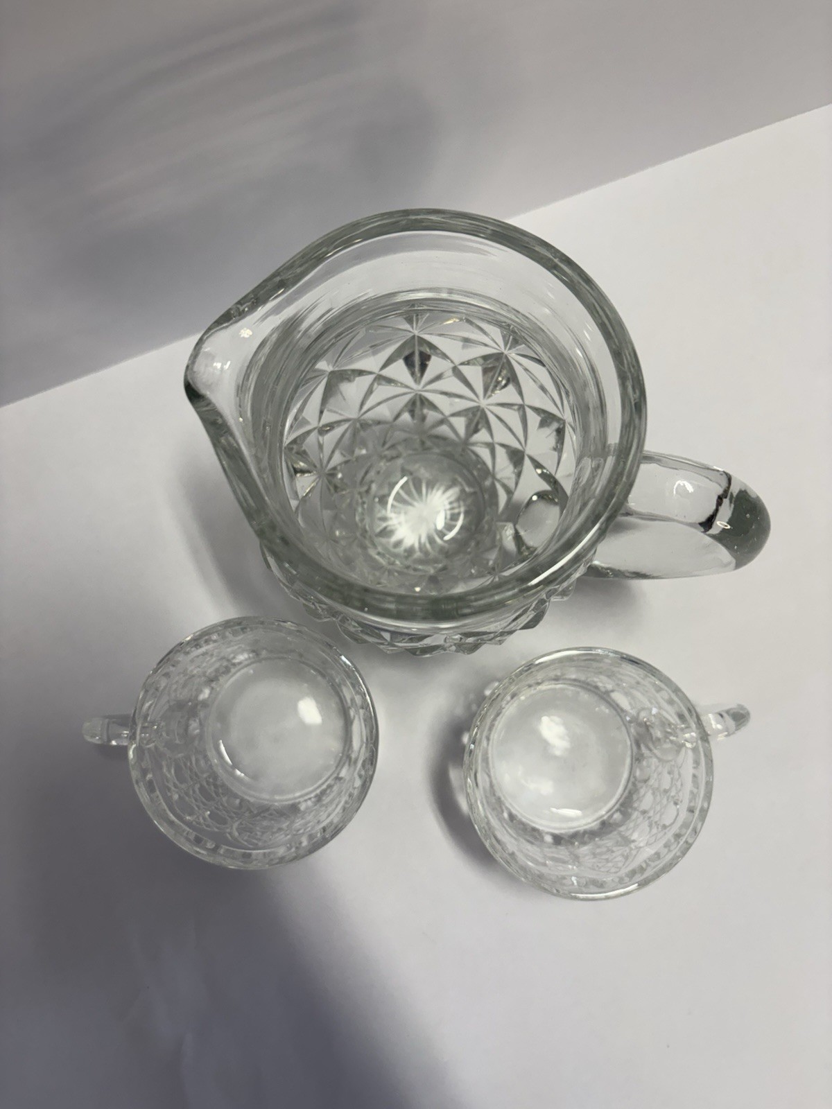 Vintage Clear Pressed Glass Pitcher & 2 Cups Cut Glass Style Starburst Pattern
