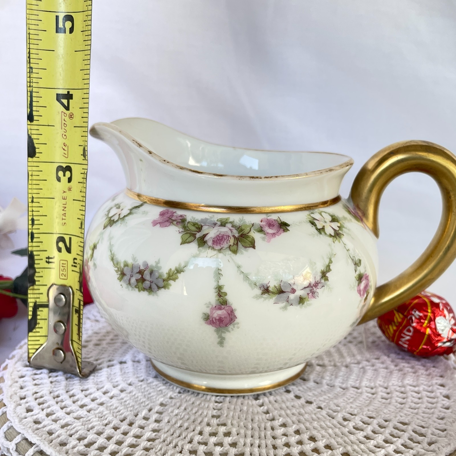 Antique D & C France White Porcelain Rose Garland Gold Handle Creamer