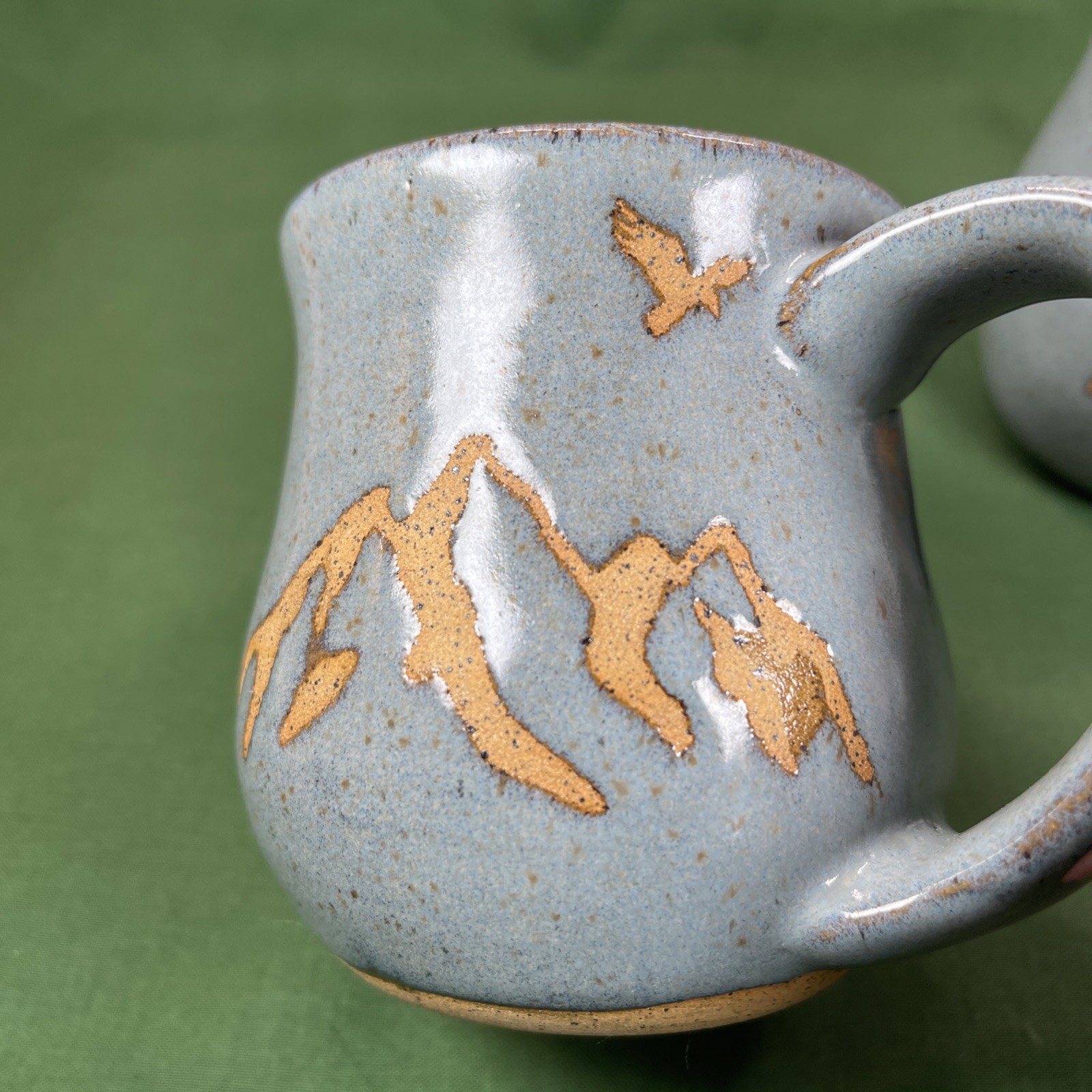 2 Studio Art Pottery Blue Grey & Tan Mugs Stoneware Mountains Eagle Design