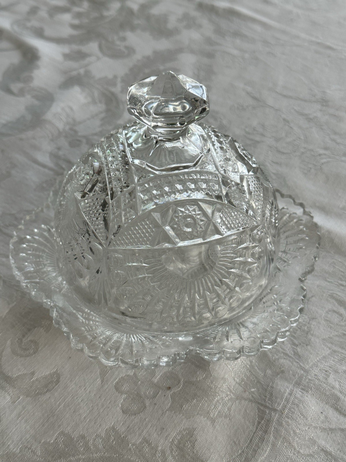 Antique US Glass Co. Rising Sun Clear Lead Crystal Glass Round Covered Butter