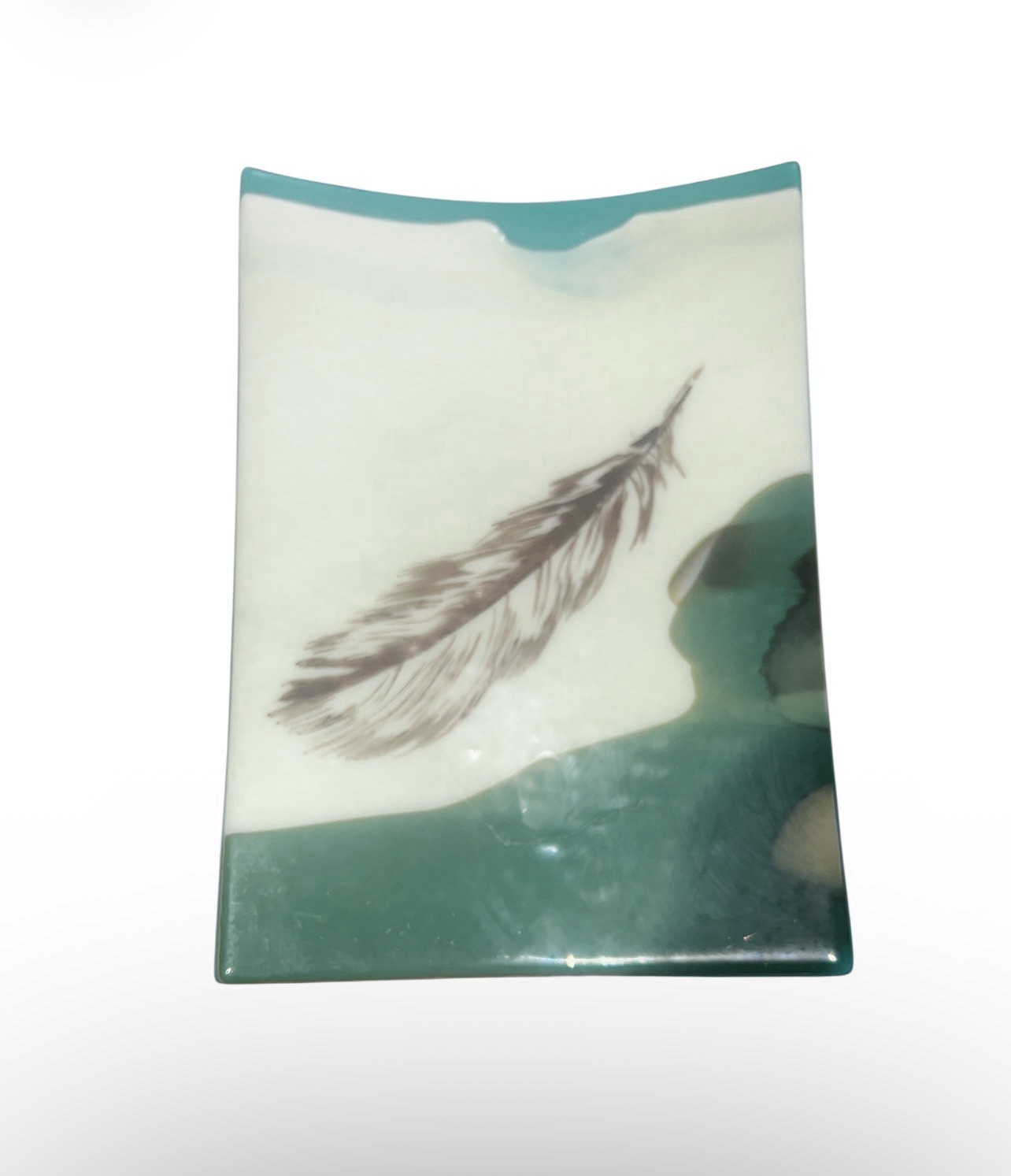 Robin Coulter Crabb Fused Glass Art Tray “Layered Vanilla Feather” Signed
