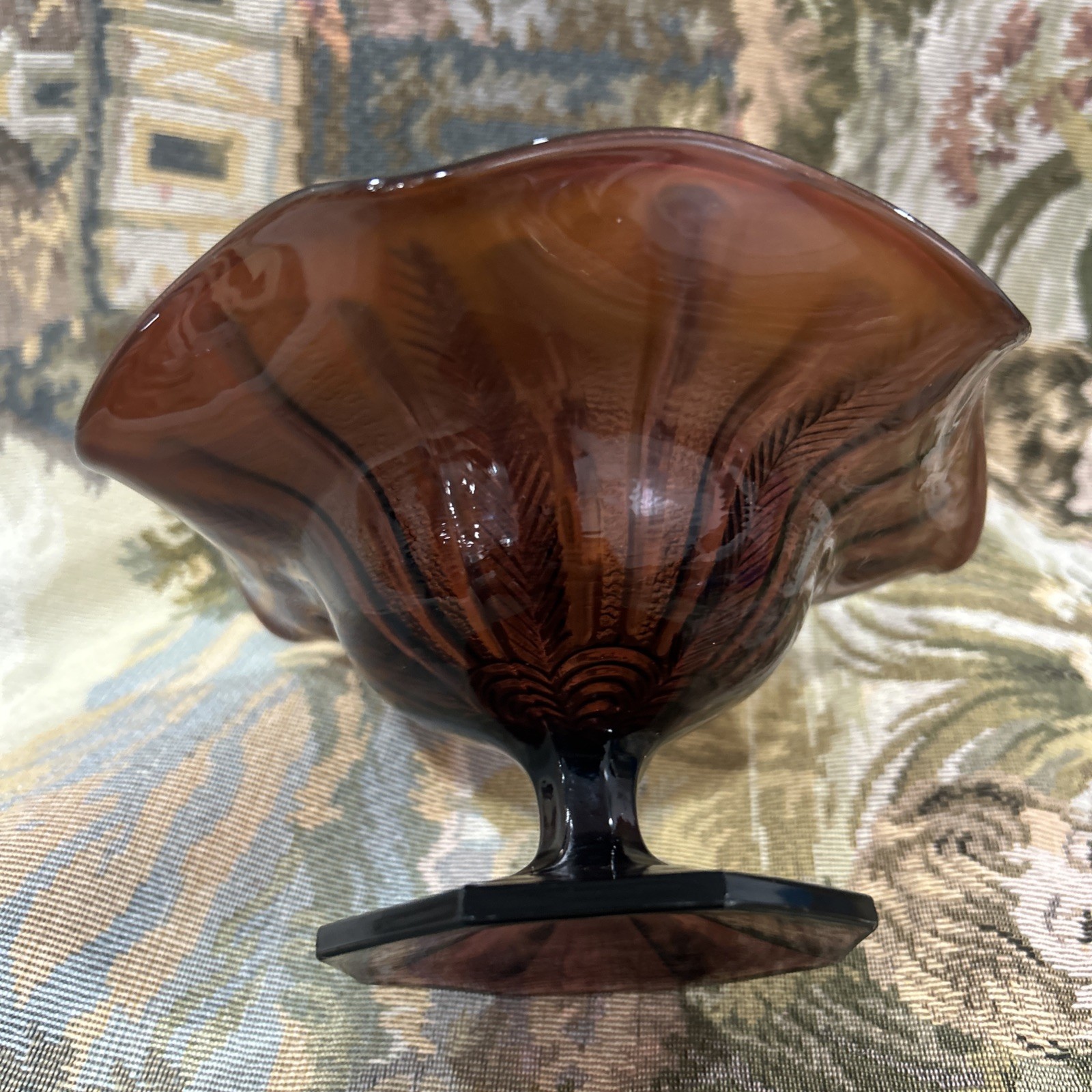 Vintage Fenton amethyst Carnival Glass Peacock Tail Pedestal Compote Candy Dish