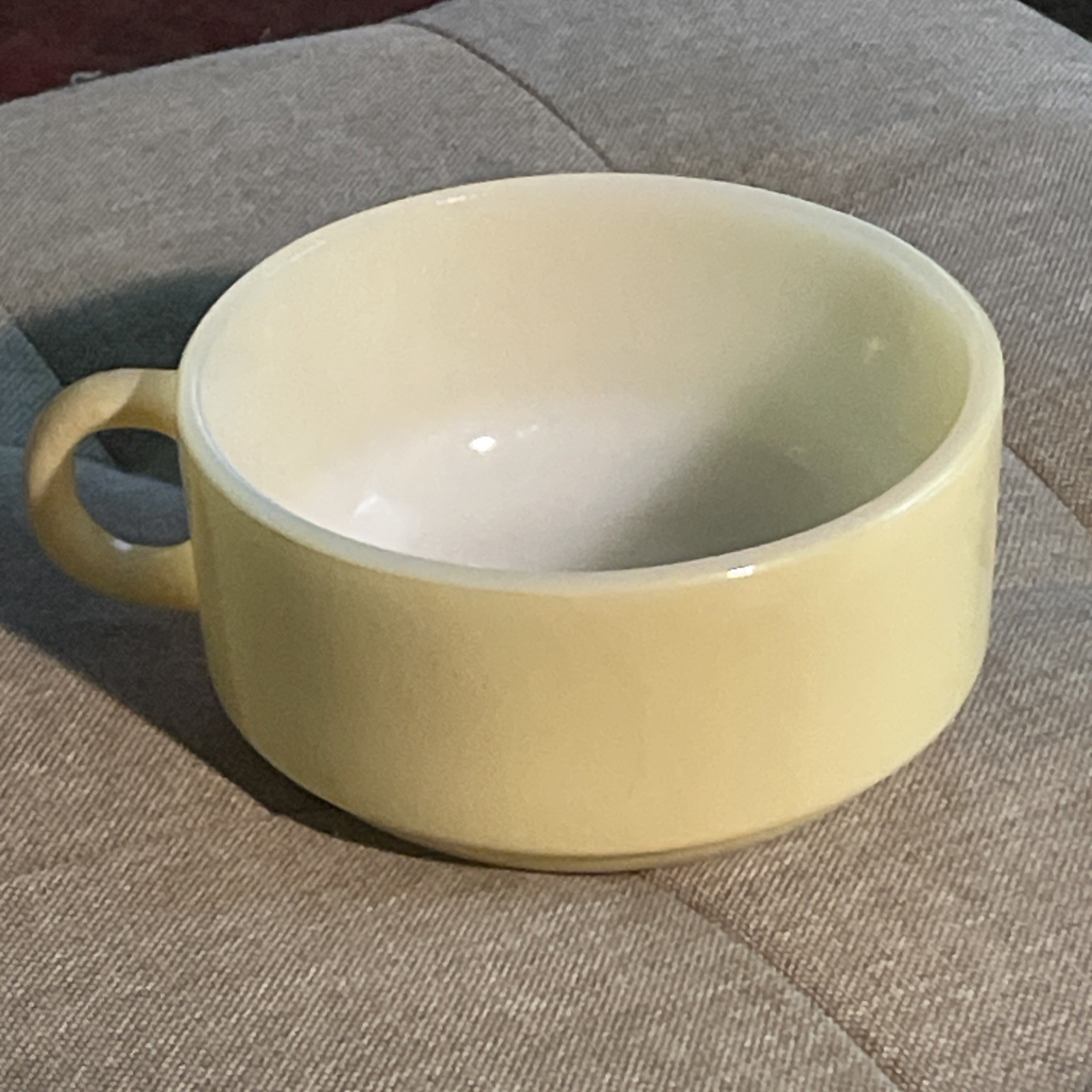 Vintage Glasbake J-2711 Soup Bowl with Handle Beige Floral Stackable