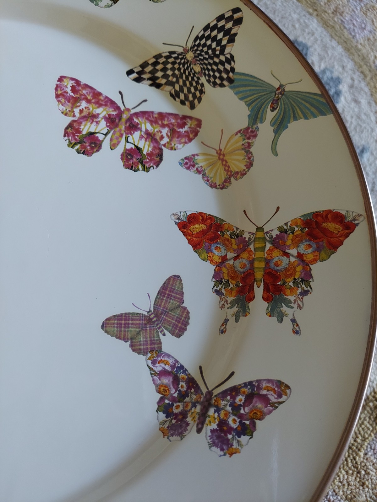 Mackenzie-Childs Butterfly Garden Pedestal Platter With Courtly Check
