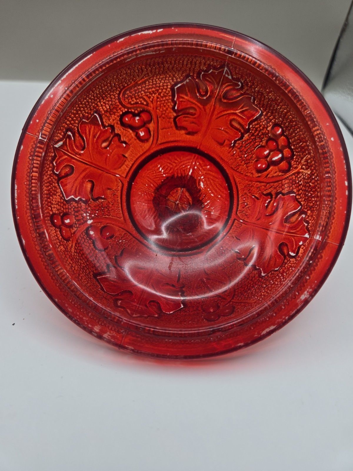 Vintage Jeanette Ruby Red Pressed Glass Harvest Grape Footed Candy Dish With Lid