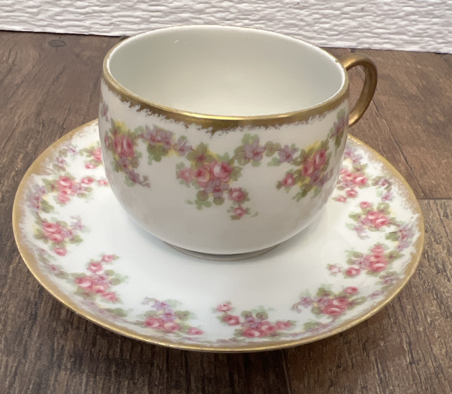 VTG Elite Works Limoges France Bridal Wreath Tea Cup & Saucer Pink Gold Trim