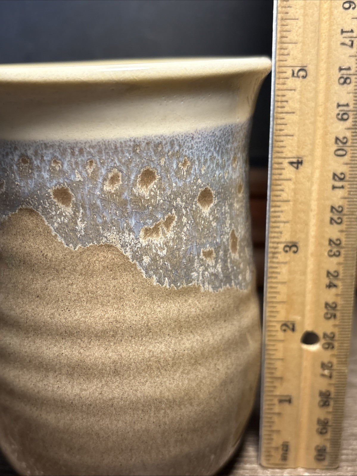 Neher Art Pottery Hand Warmer Mug Signed Tan Blue Gray Drip Glaze 2019 E11
