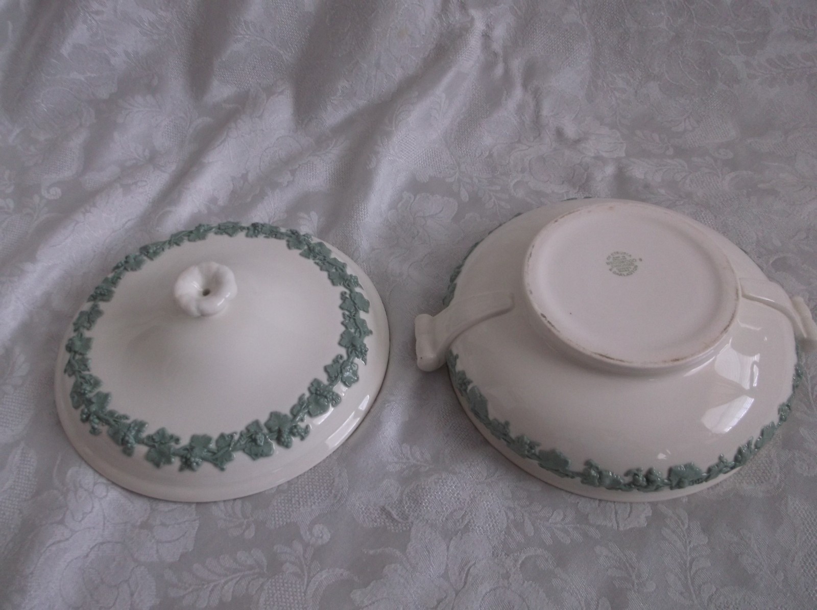 Wedgwood Embossed Queensware Celadon on Cream Covered Vegetable Bowl 8¼”
