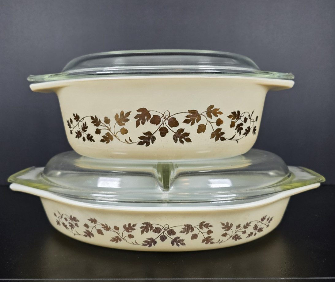 PYREX Golden Acorn Divided Dish and Oval Casserole w/ Lids PYREX Lot of 2