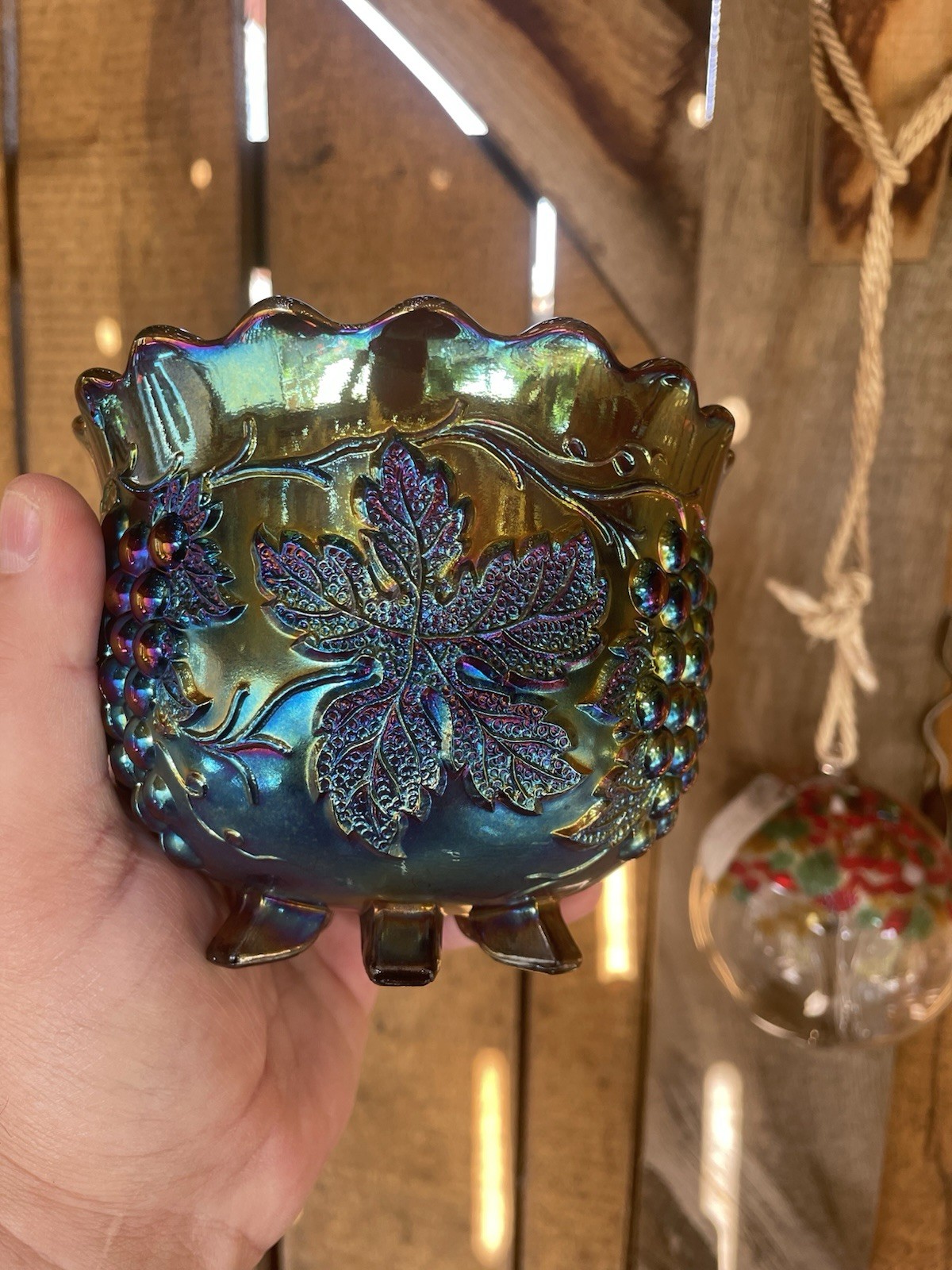 CARNIVAL GLASS ~ ELECTRIC DUGAN GRAPE DELIGHT FLARED NUT BOWL ~