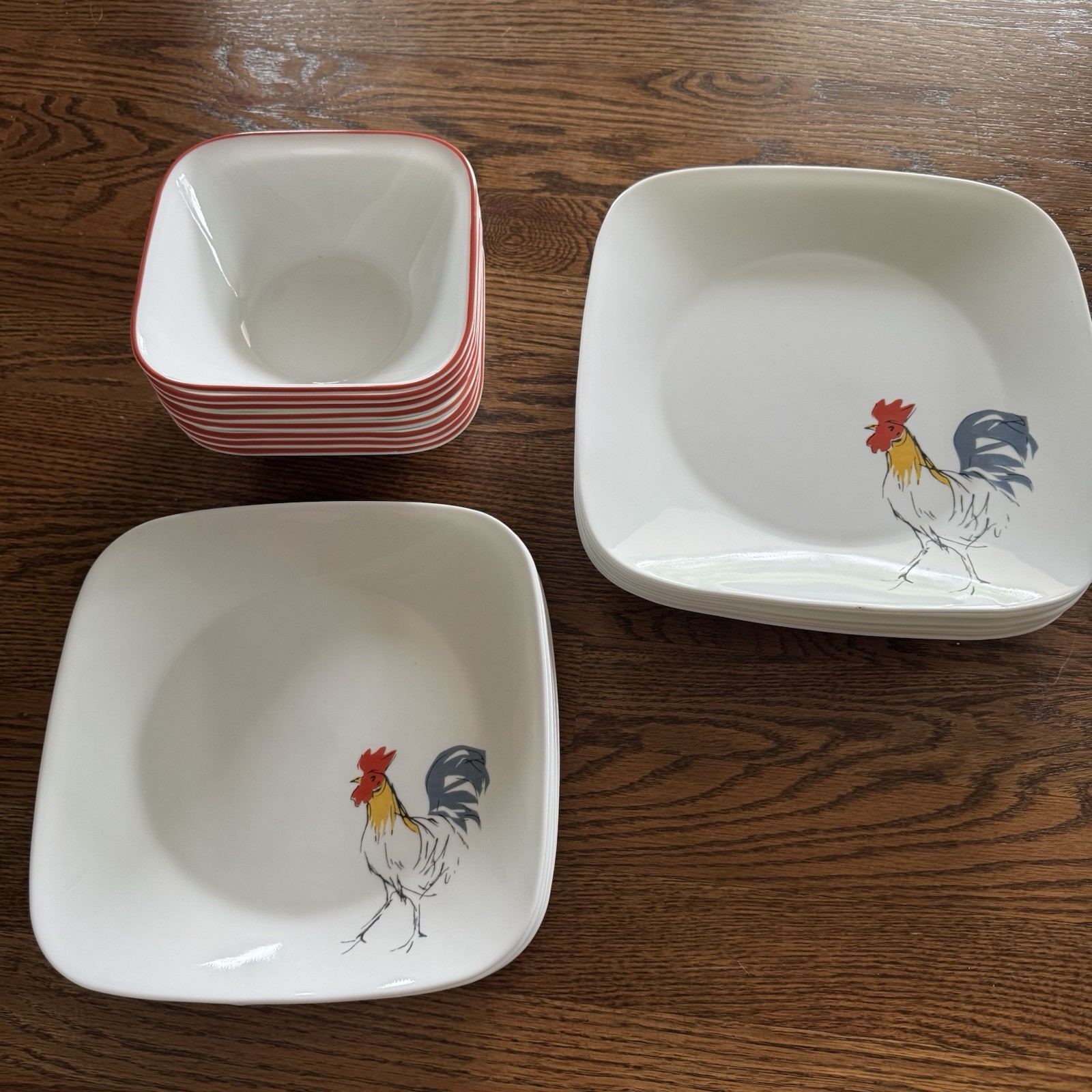 24 PC SET Corelle Square Rooster Country Dawn Dinner Plates And Square Bowls