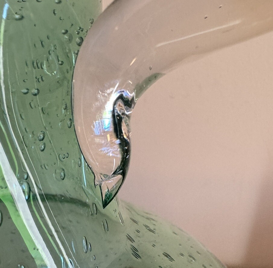 END 7/23 Large Hand Blown Green Bubble Glass Pitcher Heavy Applied Handle Seeded
