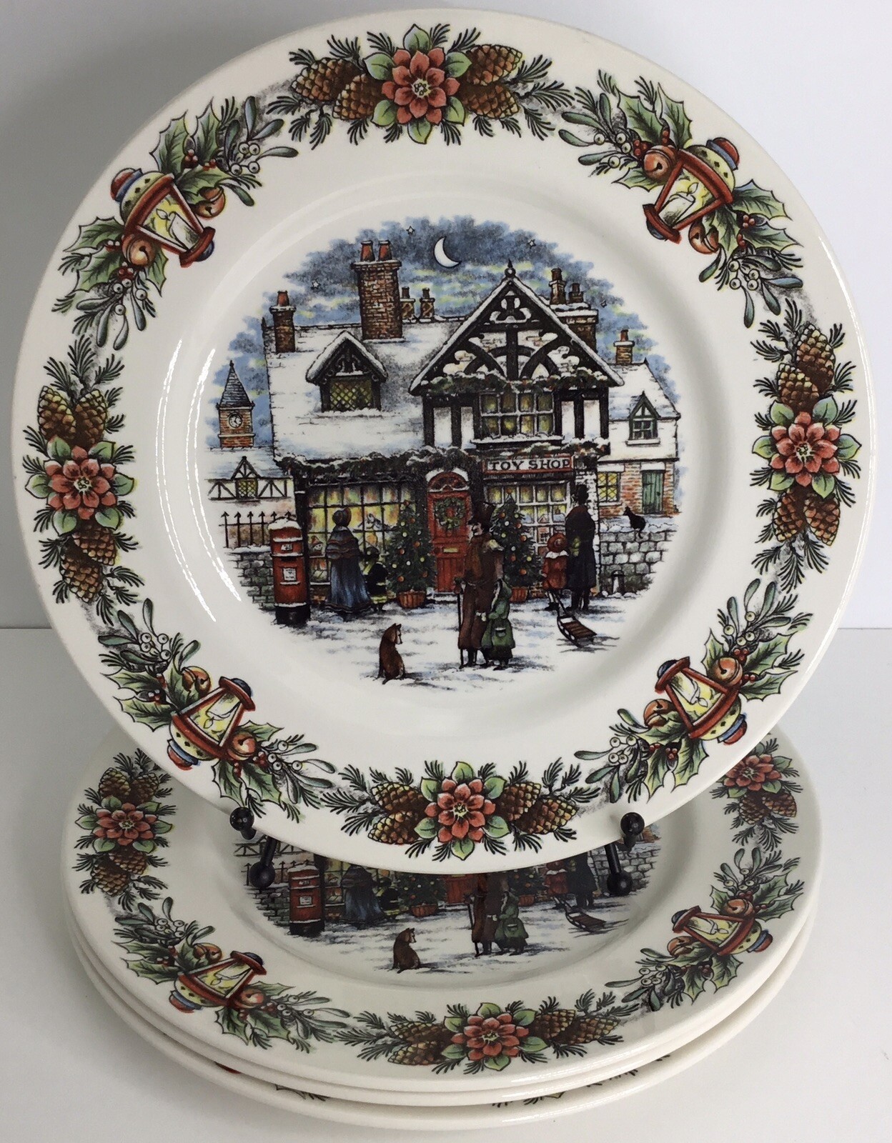 4 Royal Stafford Dinner Plates 11” Christmas Toy Shop Winter Snow NEW