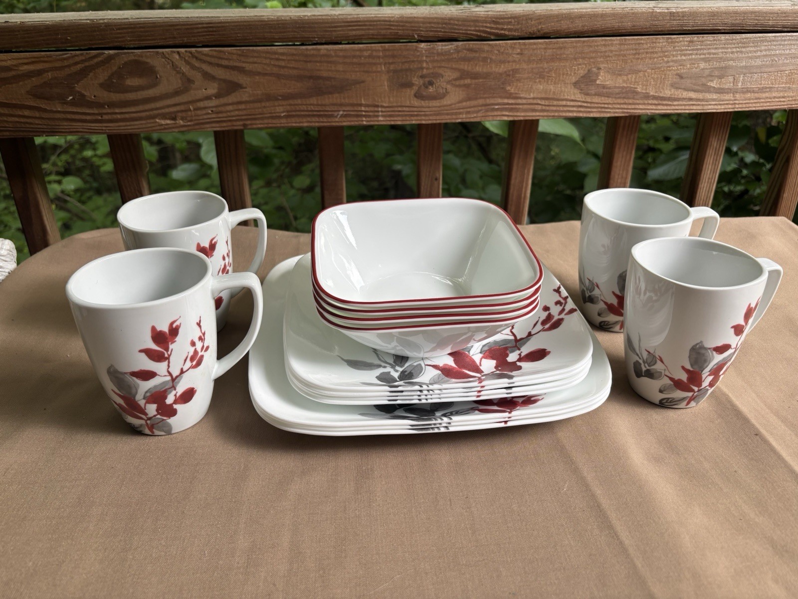 Corelle Kyoto Leaves 15 Pc Square Set 3 Dinner Plates 4 Luncheon 4 Bowls 4 Mugs