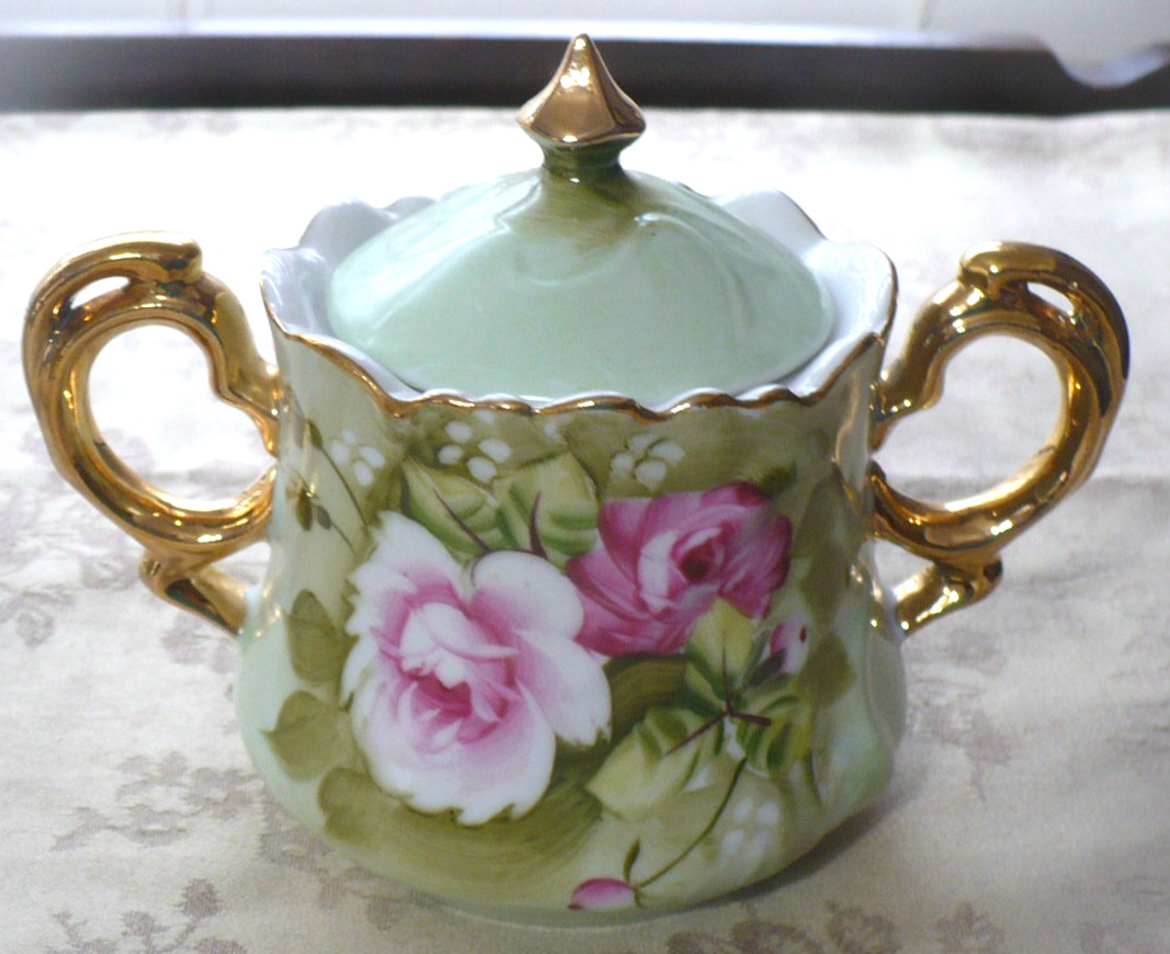 LEFTON CHINA GREEN HERITAGE ROSE ROUND TEAPOT CREAMER AND SUGAR BOWL 3 PC