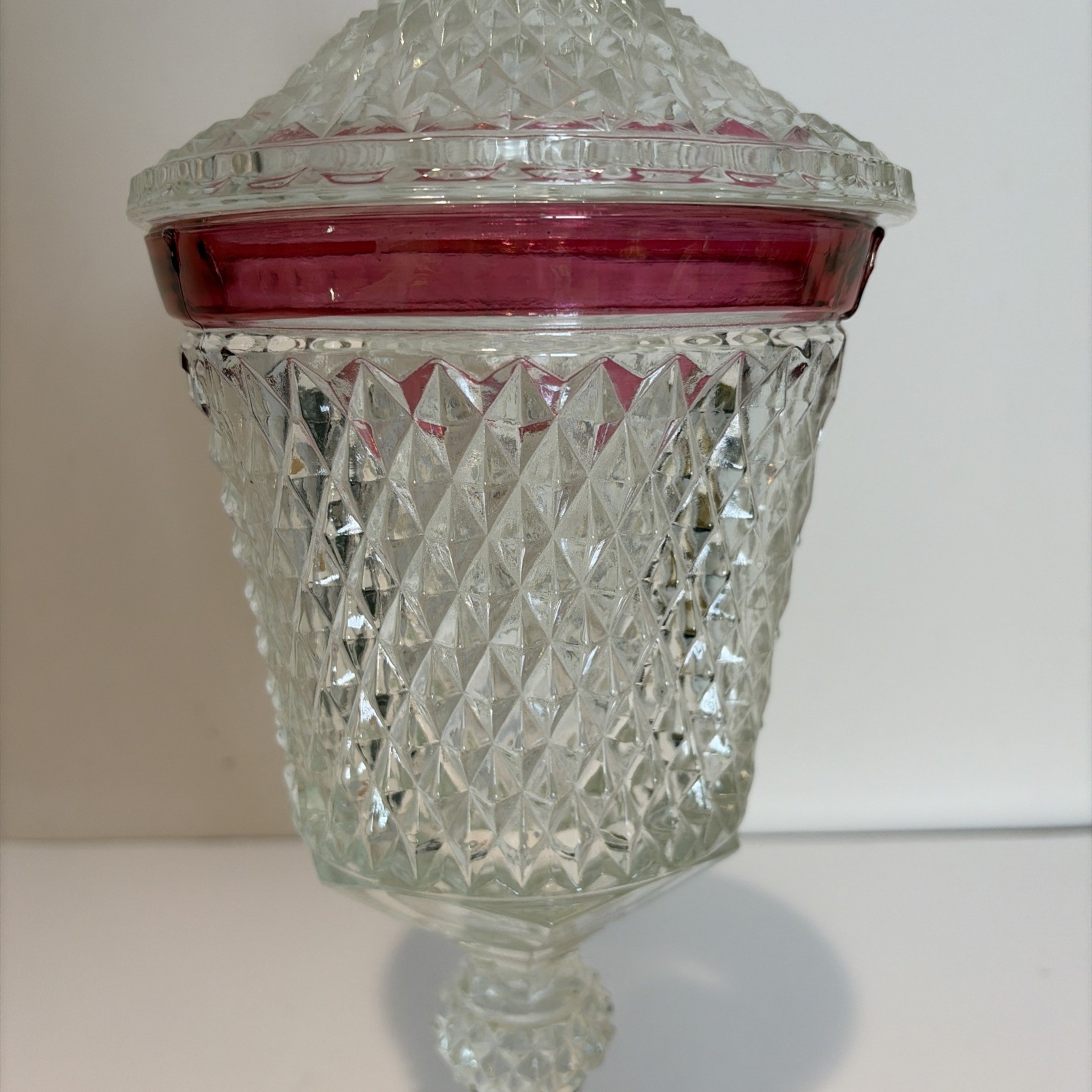 VTG Indiana Glass Diamond Point Ruby Band Covered Candy Dish Chalice 15.5″ Tall