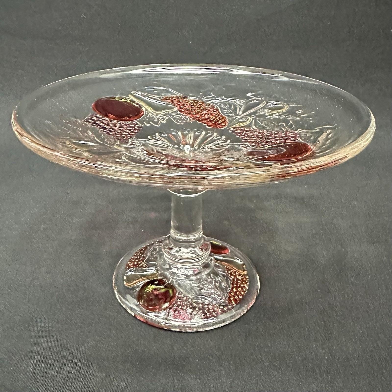 Westmoreland Della Robbia 6″ Ruby Flashed Glass Compote w/Embossed Fruit Vintage