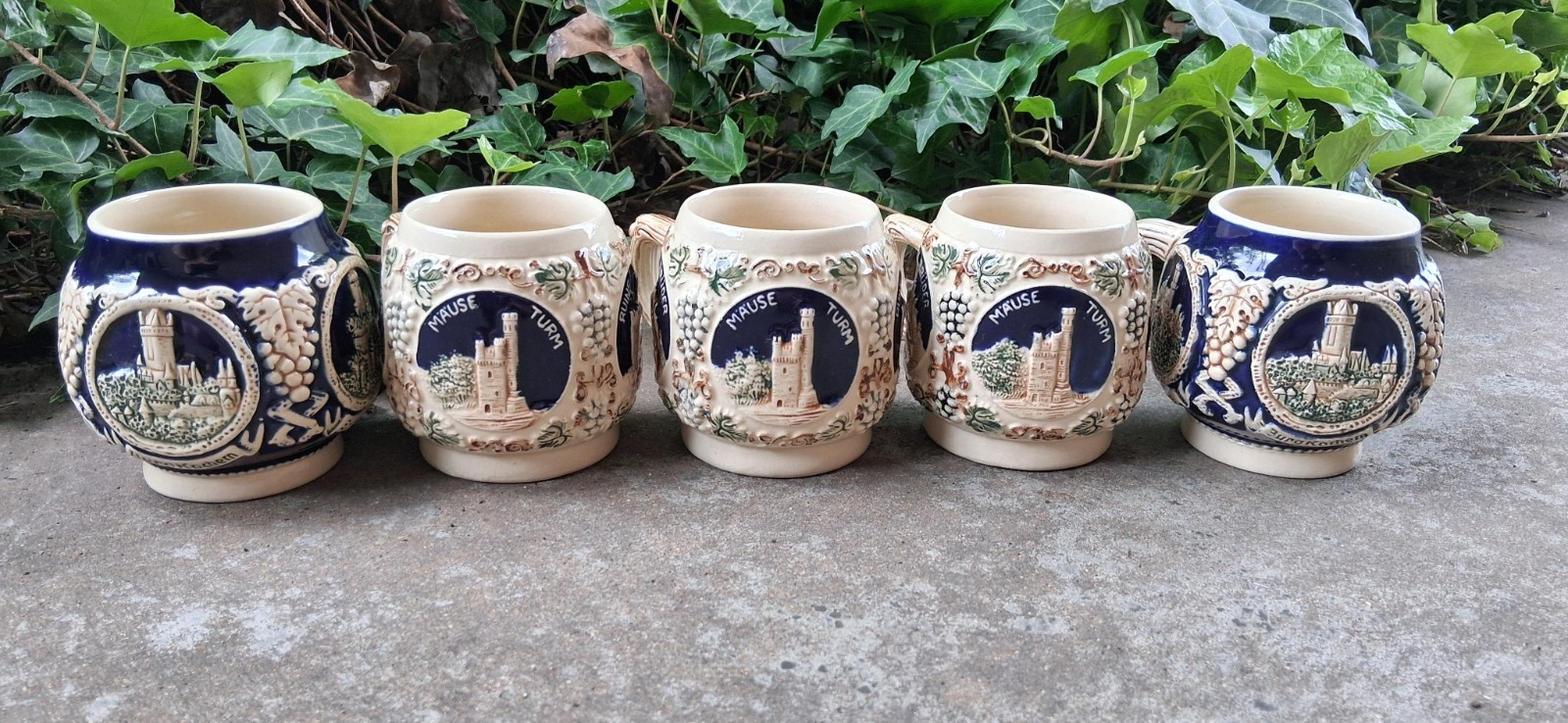 5 German Stoneware Mugs By Marzi & Remy “2835” 2 Cobalt Blue & 3 Cream Mugs