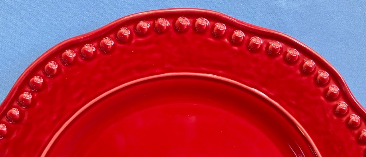 Set of FOUR Fapor Rustic Dots 11 3/4 Inch Red Dinner Plates Portugal