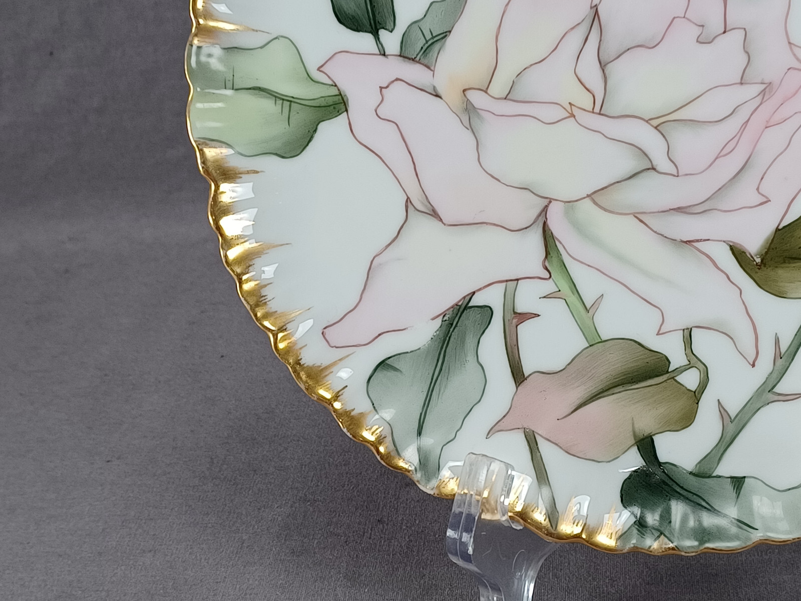 GDM Limoges Hand Painted Large Pink Rose & Gold 8 1/8 Inch Plate C.1891