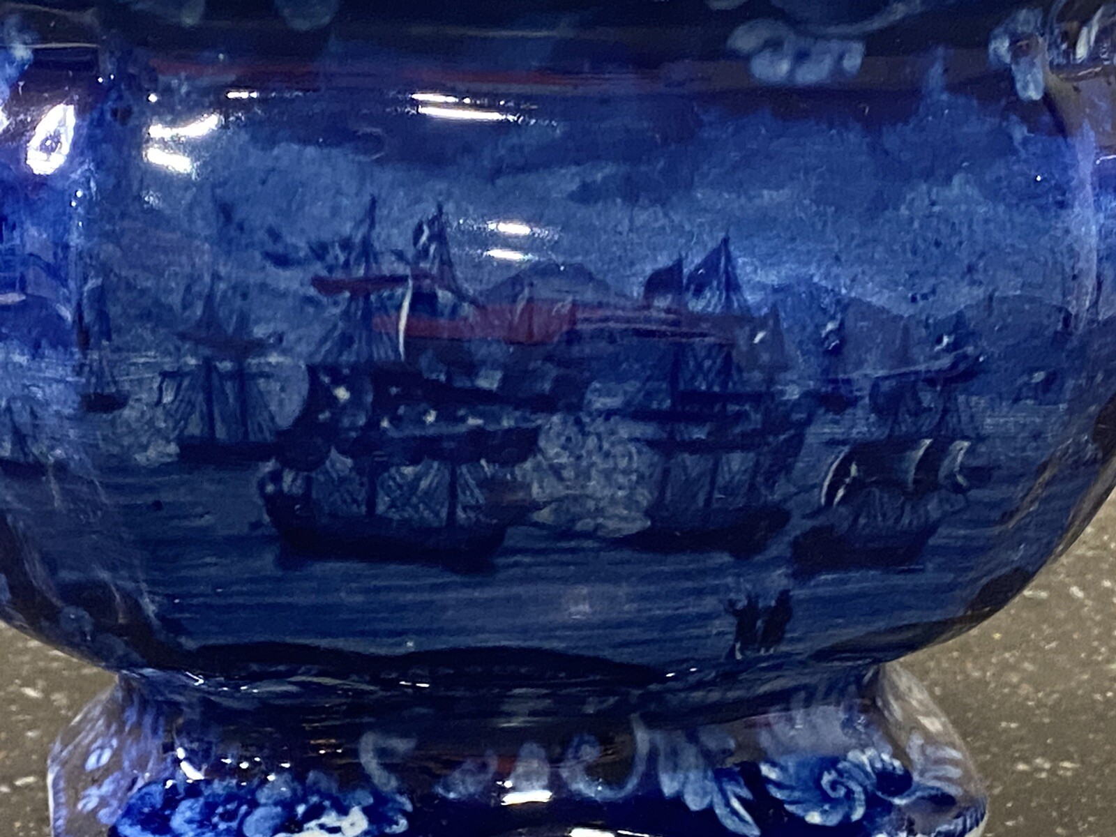 Historical Staffordshire Blue Teapot Macdonough’s Victory Ca. 1825